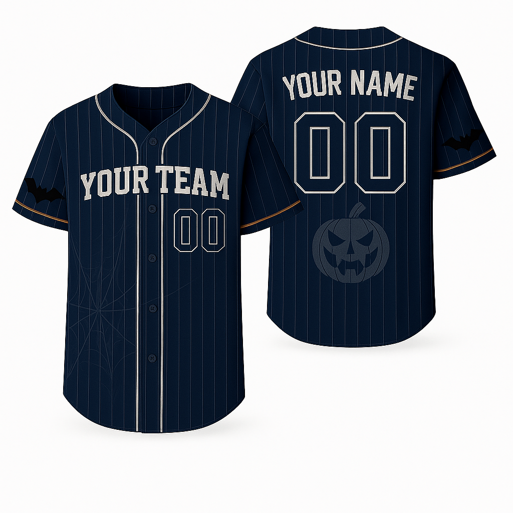 Custom Halloween Baseball Jersey – Pinstripe Bat & Web Design – Personalized Team Name & Number baseball jersey product view 1
