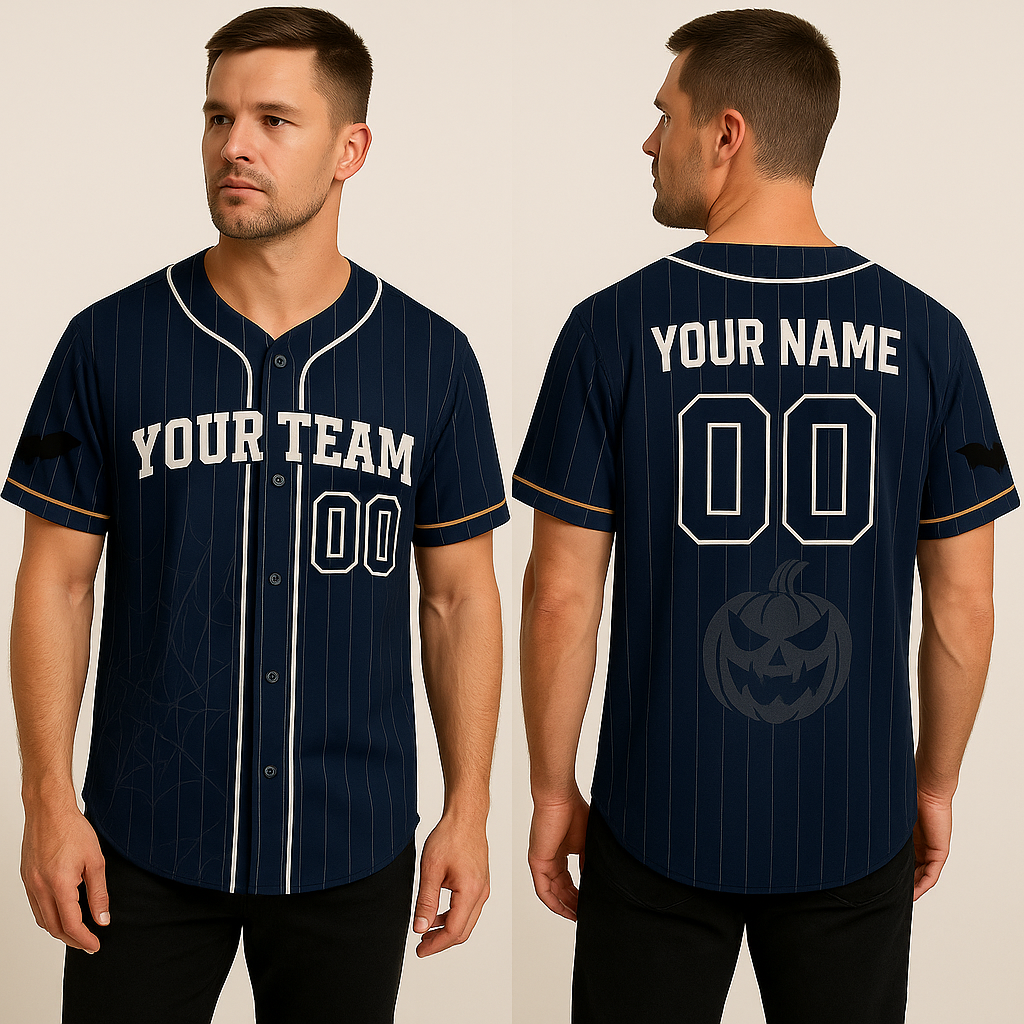 Custom Halloween Baseball Jersey – Pinstripe Bat & Web Design – Personalized Team Name & Number baseball jersey product view 2