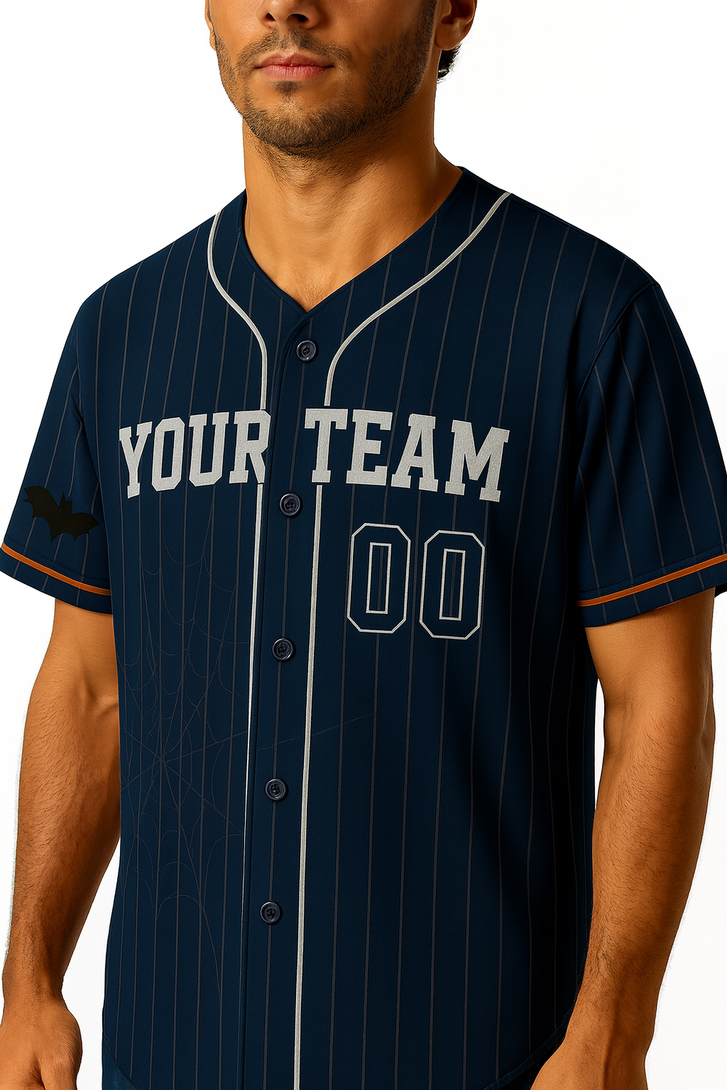 Custom Halloween Baseball Jersey – Pinstripe Bat & Web Design – Personalized Team Name & Number baseball jersey product view 3