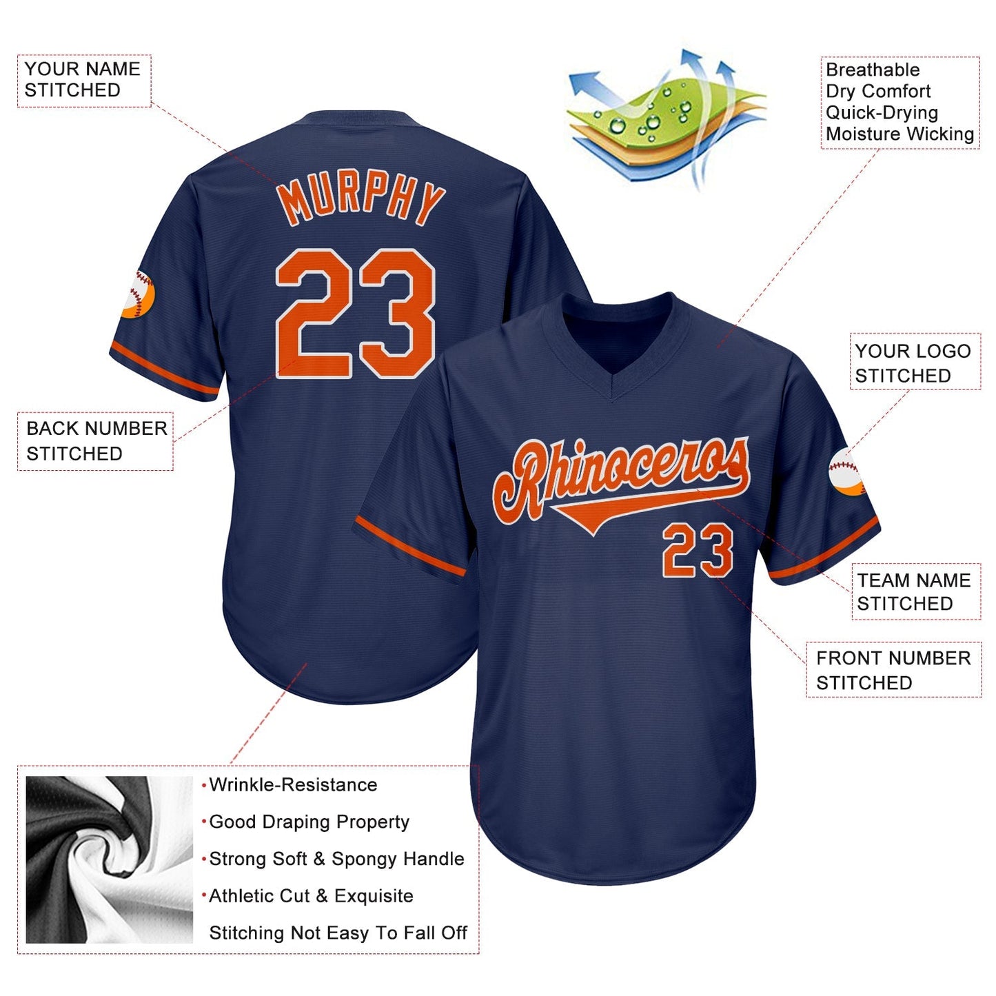 Custom Navy Orange-White Authentic Throwback Rib-Knit Baseball Jersey Shirt baseball jersey product view 4
