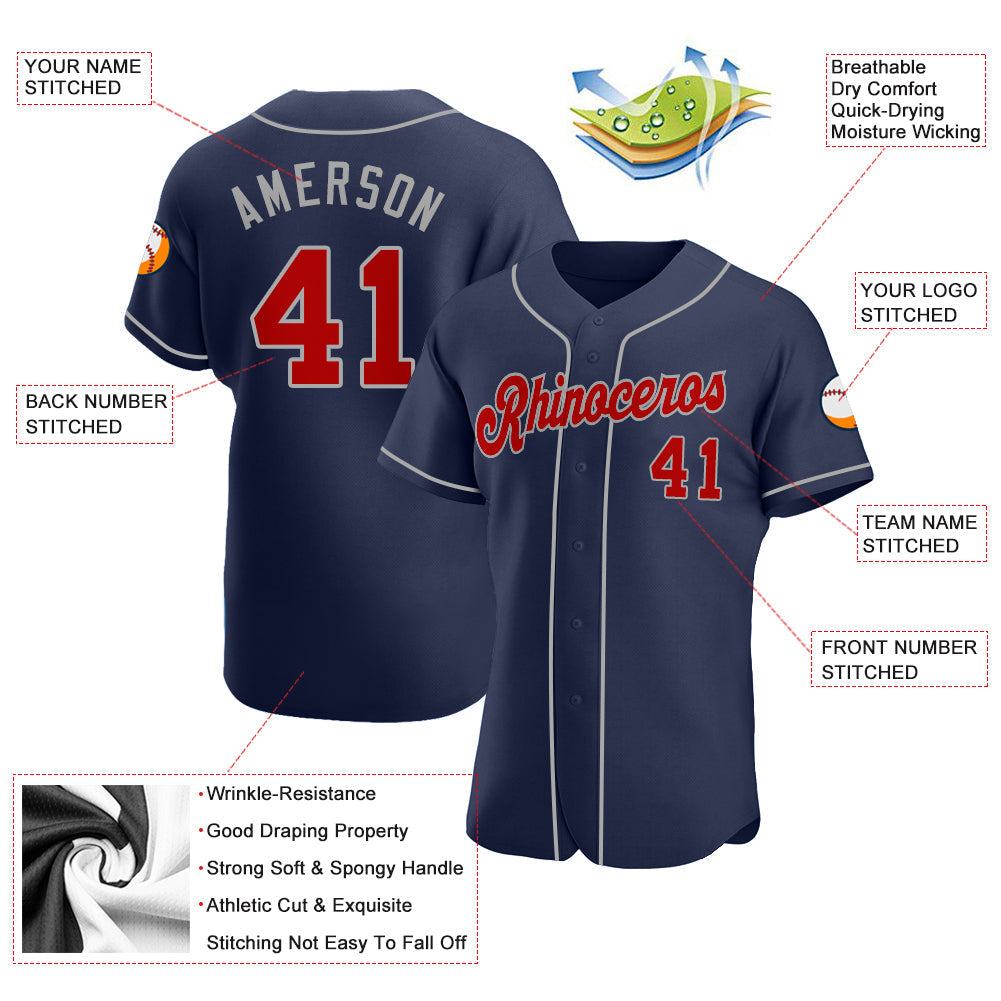 Custom Navy Red-Gray Authentic Baseball Jersey baseball jersey product view 3
