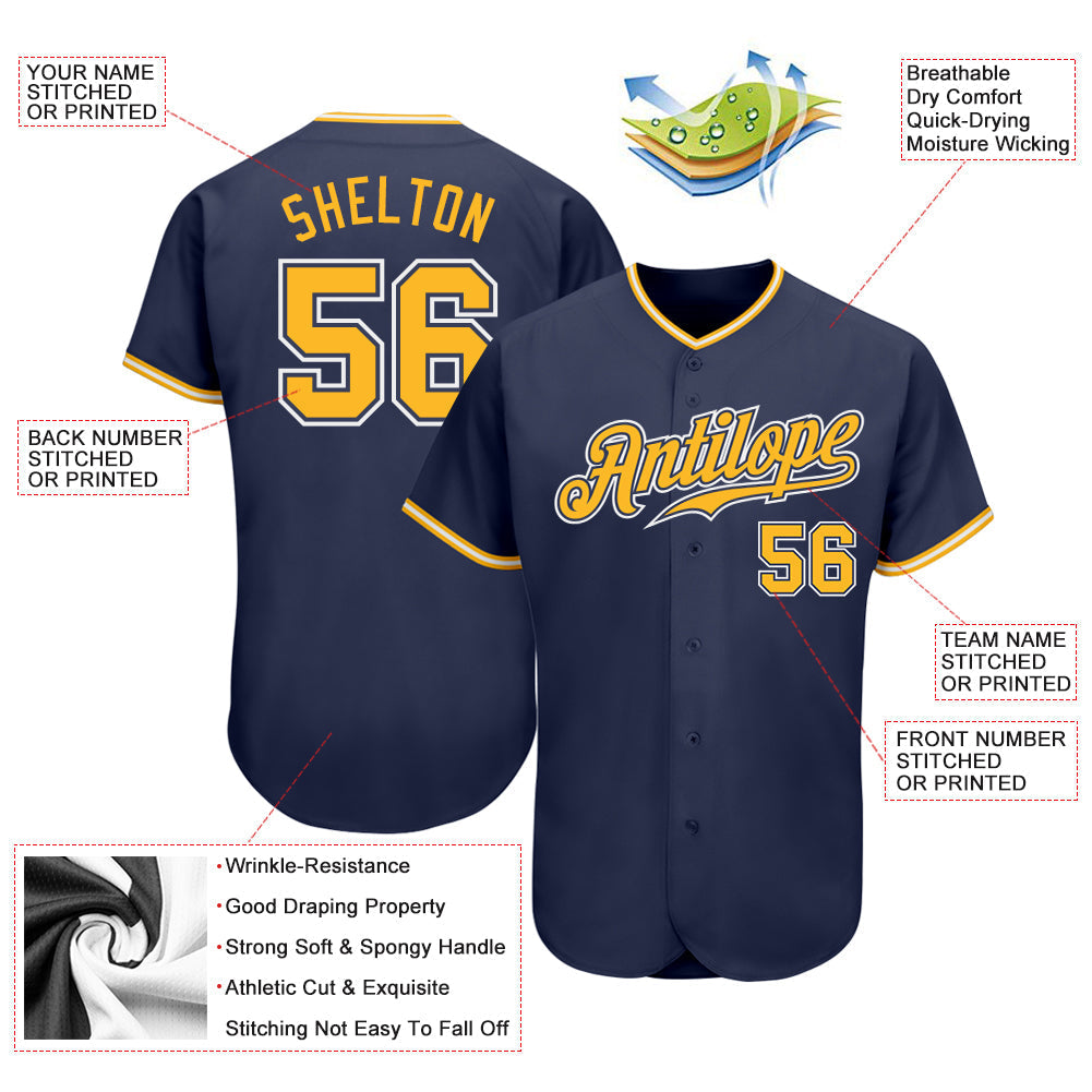 Custom Navy Gold-White Authentic Baseball Jersey baseball jersey product view 3