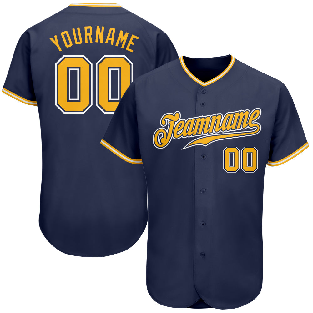 Custom Navy Gold-White Authentic Baseball Jersey baseball jersey product view 1