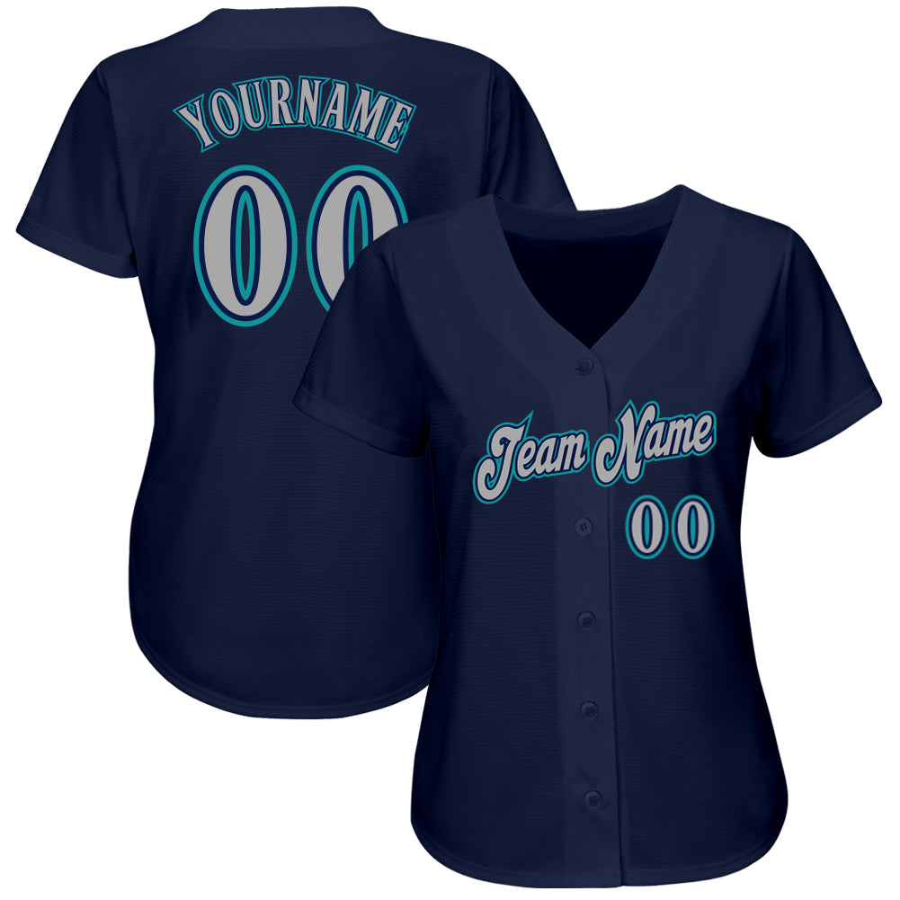 Custom Navy Gray-Teal Authentic Baseball Jersey baseball jersey product view 2