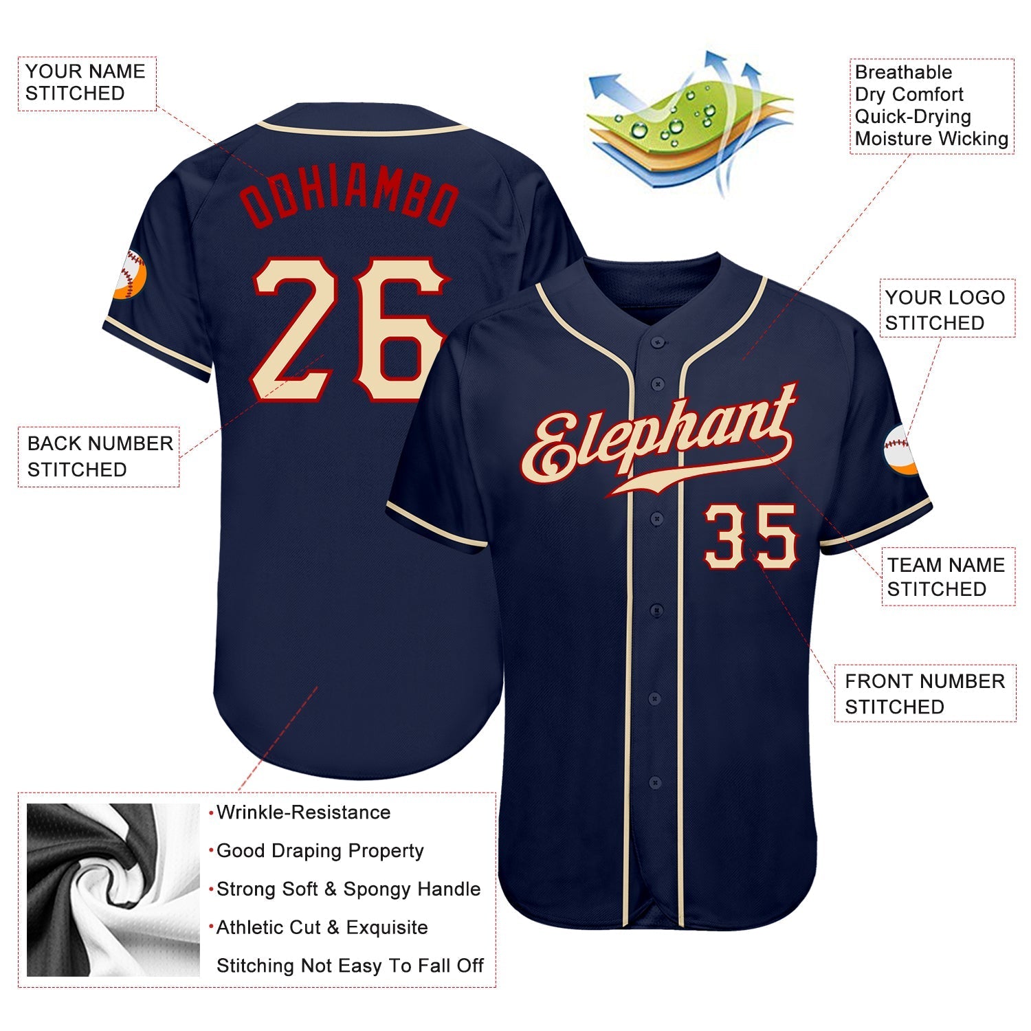 Custom Navy City Cream-Red Authentic Baseball Jersey baseball jersey product view 3