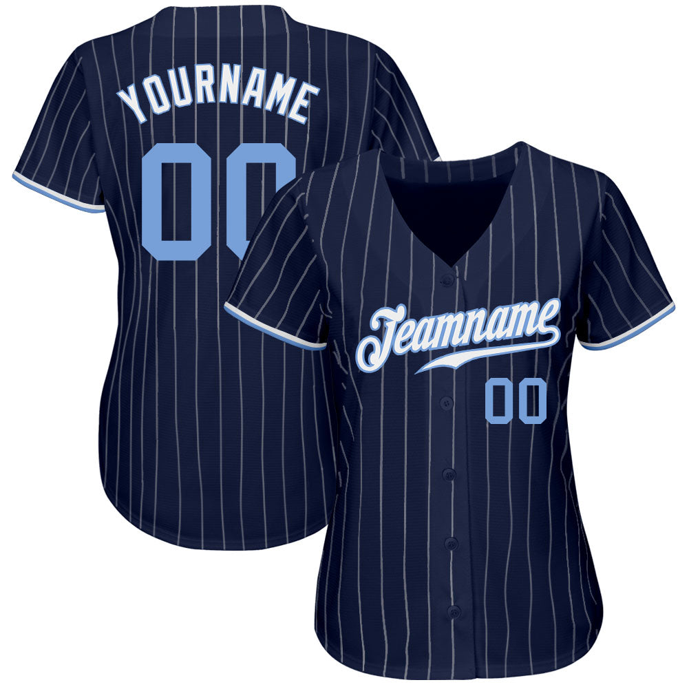 Custom Navy White Pinstripe Light Blue-White Authentic Baseball Jersey baseball jersey product view 2