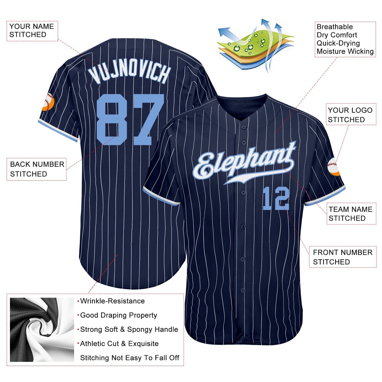 Custom Navy White Pinstripe Light Blue-White Authentic Baseball Jersey baseball jersey product view 3