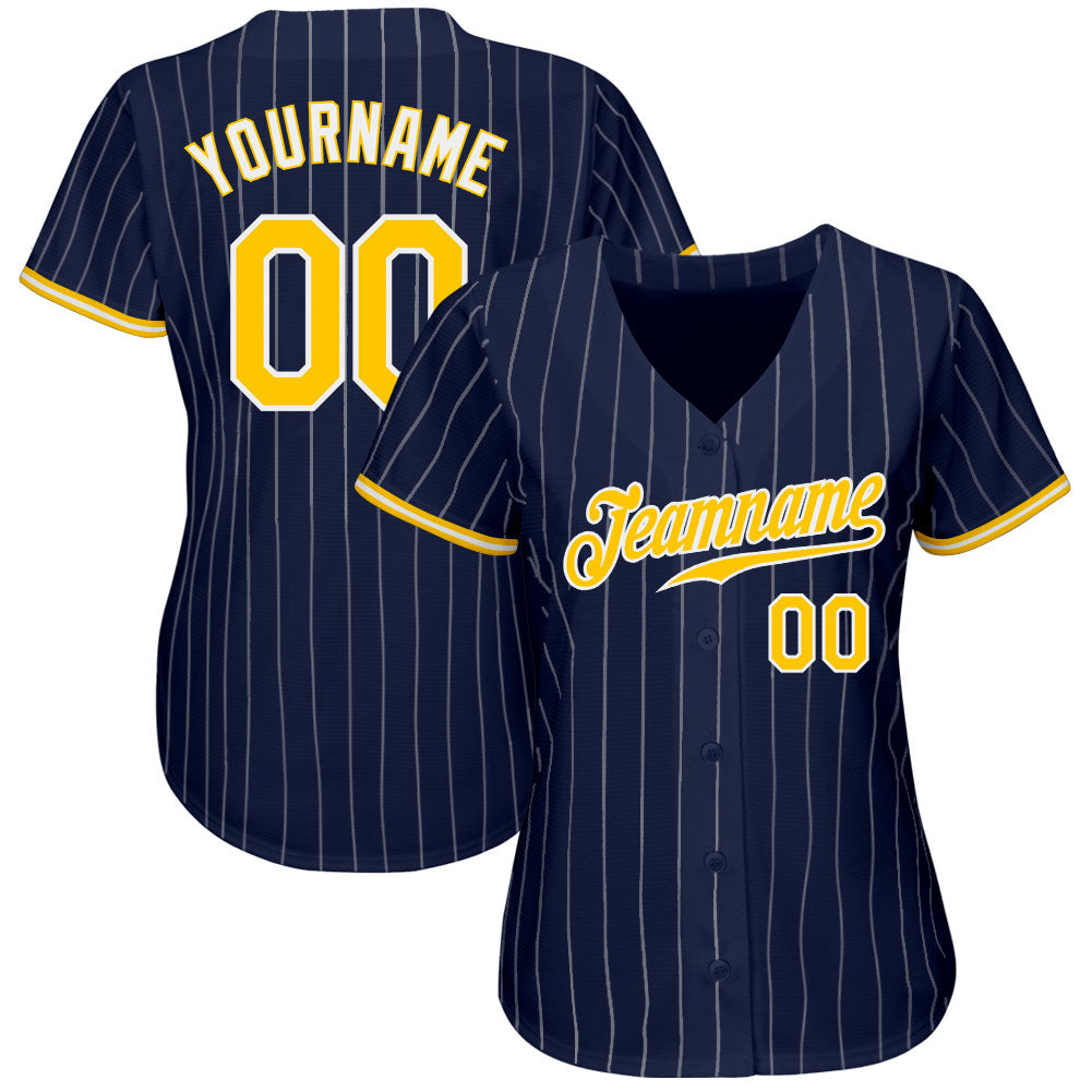 Custom Navy White Pinstripe Gold-White Authentic Baseball Jersey baseball jersey product view 2