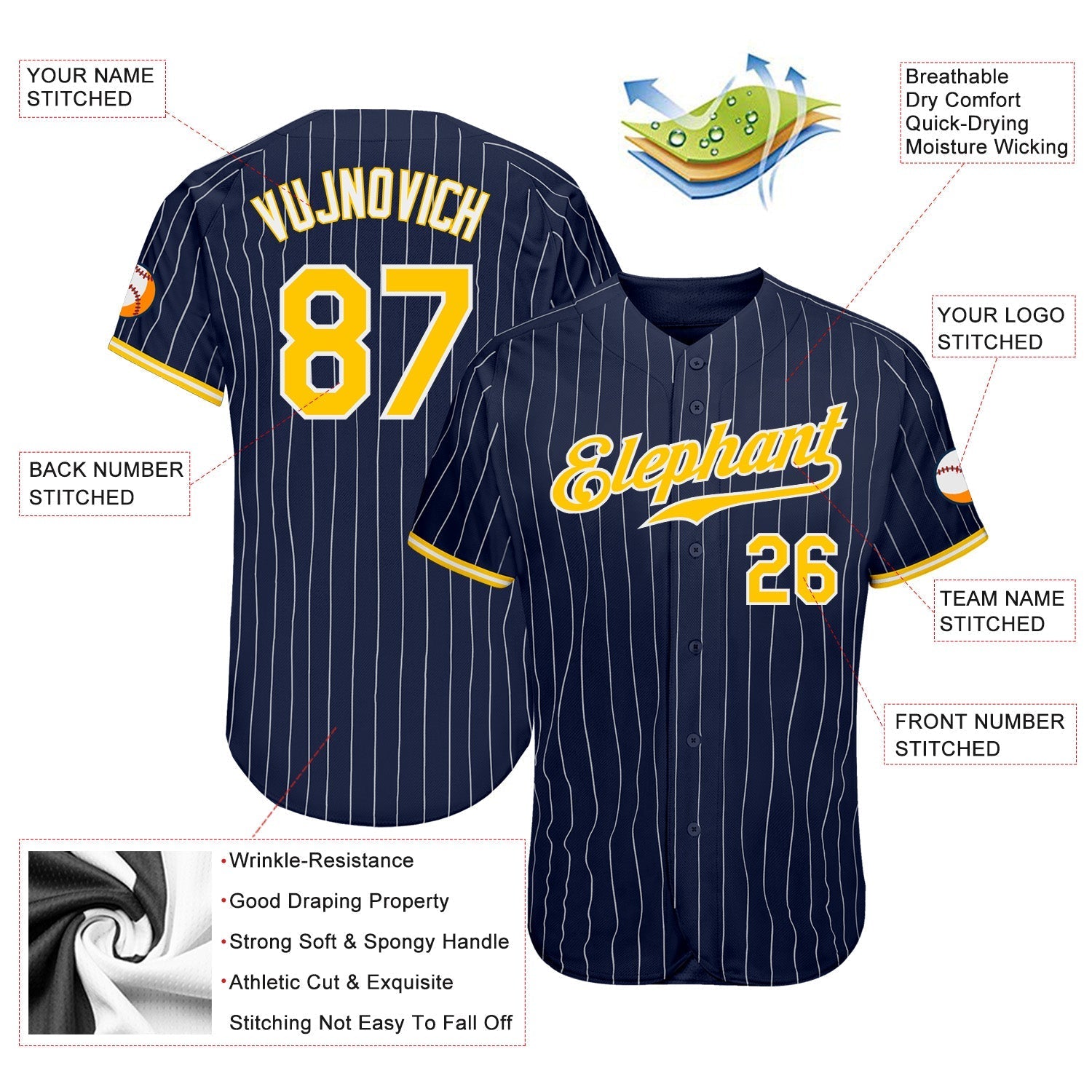 Custom Navy White Pinstripe Gold-White Authentic Baseball Jersey baseball jersey product view 3
