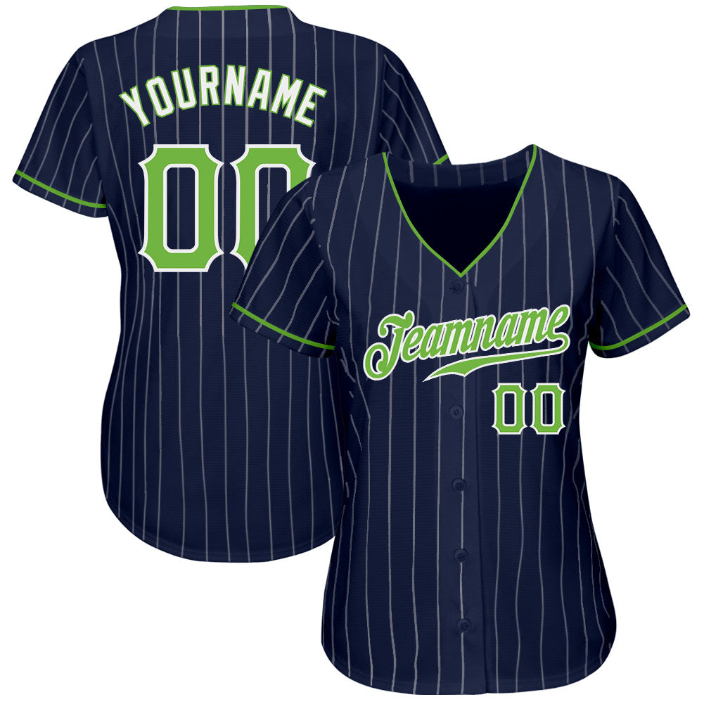Custom Navy White Pinstripe Neon Green-White Authentic Baseball Jersey baseball jersey product view 2