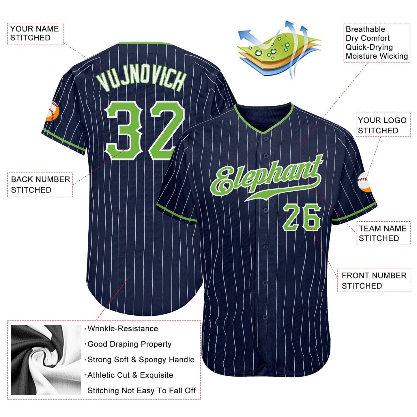 Custom Navy White Pinstripe Neon Green-White Authentic Baseball Jersey baseball jersey product view 3