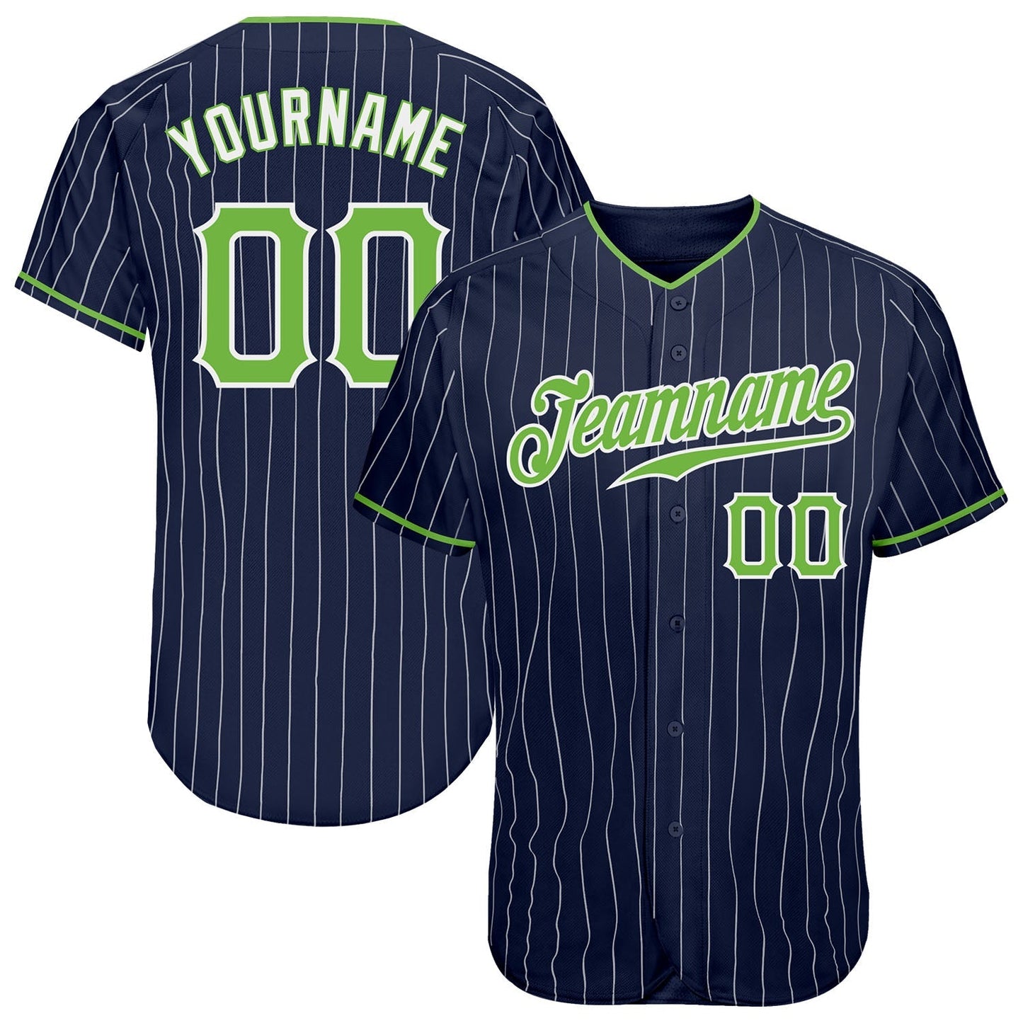 Custom Navy White Pinstripe Neon Green-White Authentic Baseball Jersey baseball jersey product view 1