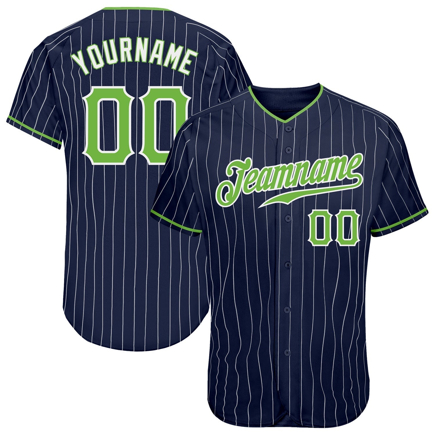 Custom Navy White Pinstripe Neon Green-White Authentic Baseball Jersey baseball jersey product view 1