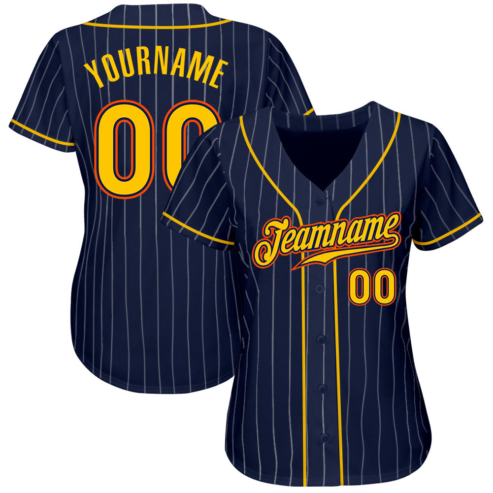 Custom Navy White Pinstripe Gold-Orange Authentic Baseball Jersey baseball jersey product view 2