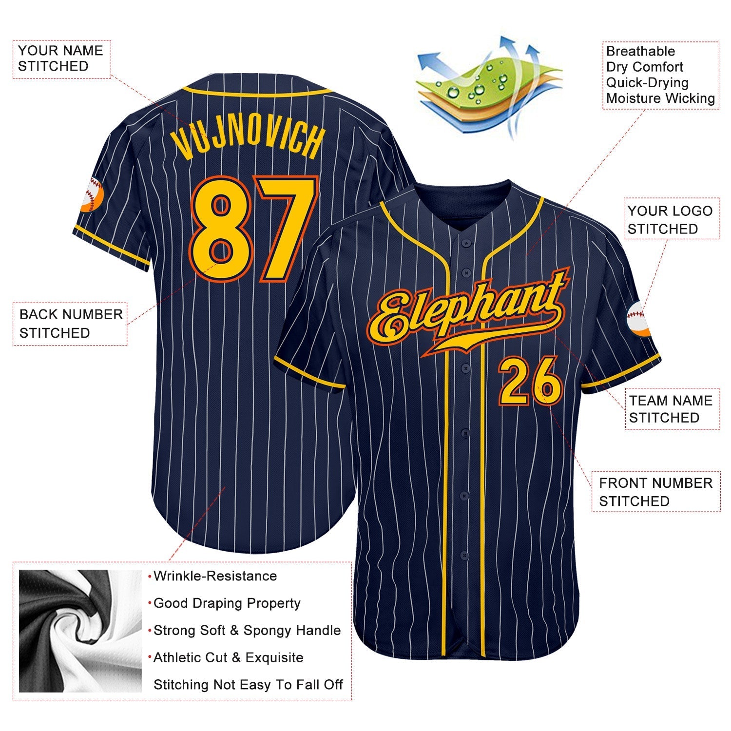 Custom Navy White Pinstripe Gold-Orange Authentic Baseball Jersey baseball jersey product view 3