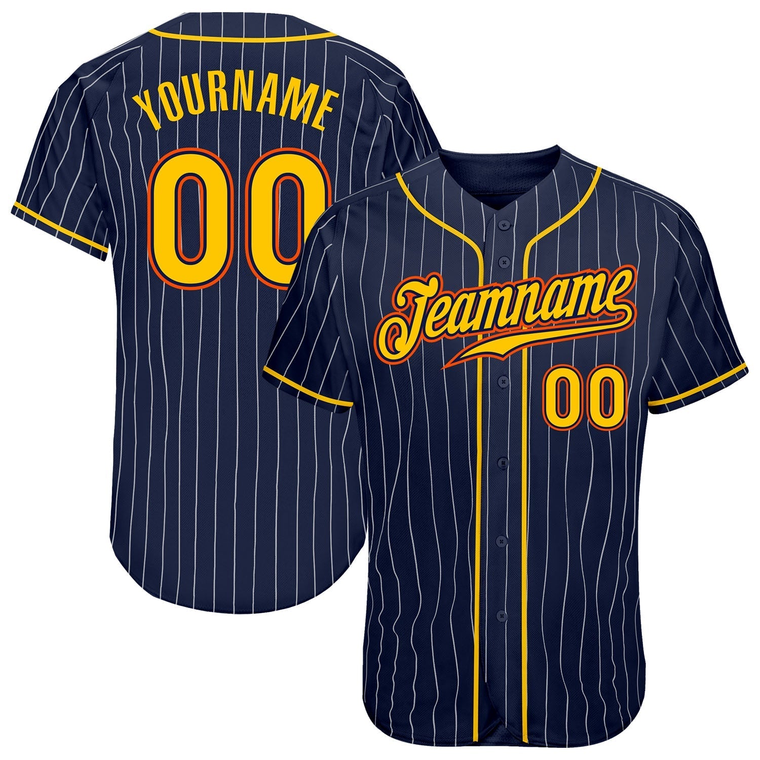 Custom Navy White Pinstripe Gold-Orange Authentic Baseball Jersey baseball jersey product view 1