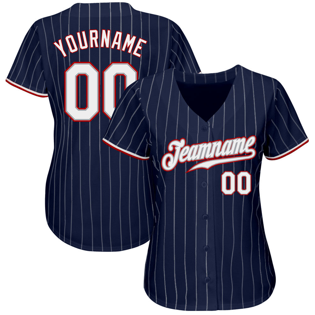 Custom Navy White Pinstripe White-Red Authentic Baseball Jersey baseball jersey product view 3