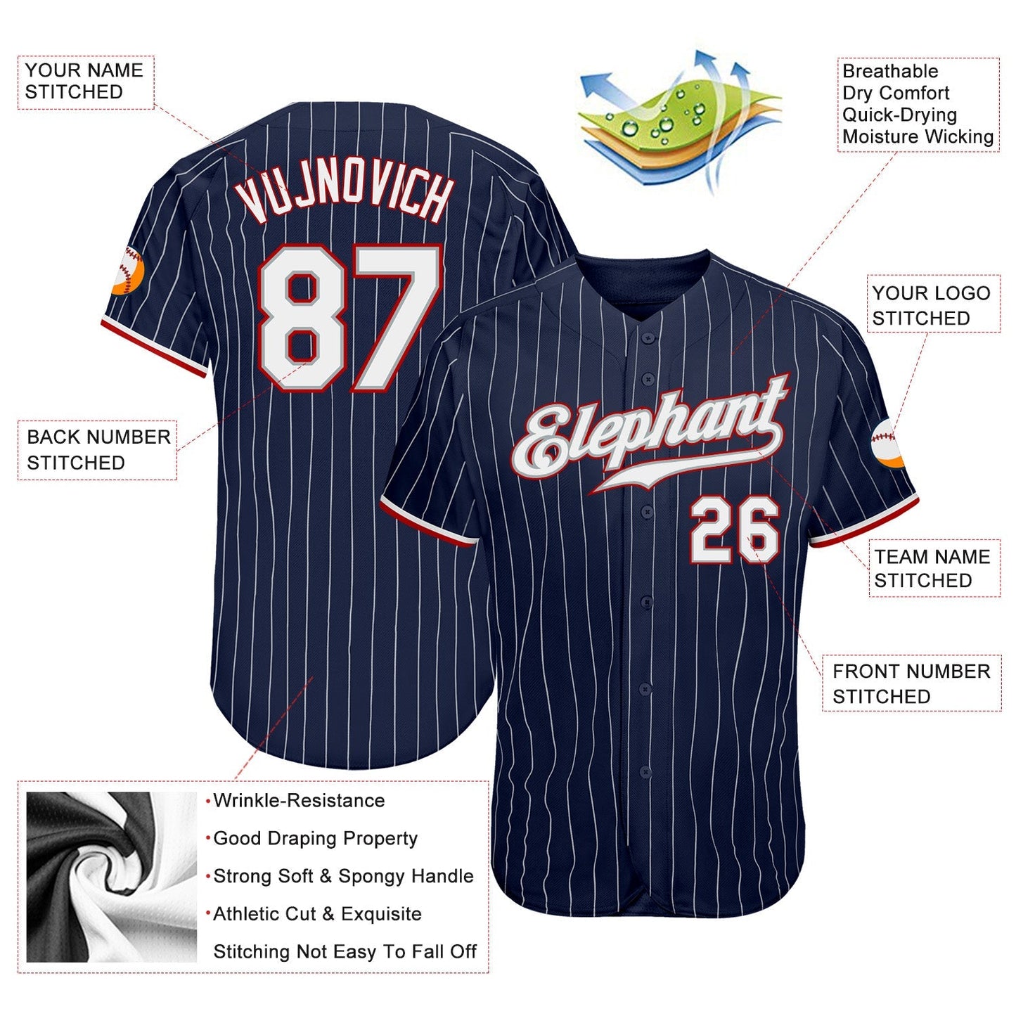Custom Navy White Pinstripe White-Red Authentic Baseball Jersey baseball jersey product view 4