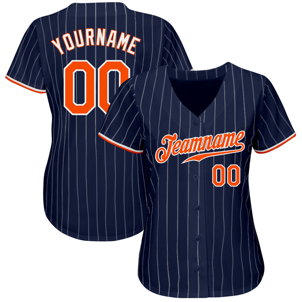 Custom Navy White Pinstripe Orange-White Authentic Baseball Jersey baseball jersey product view 2