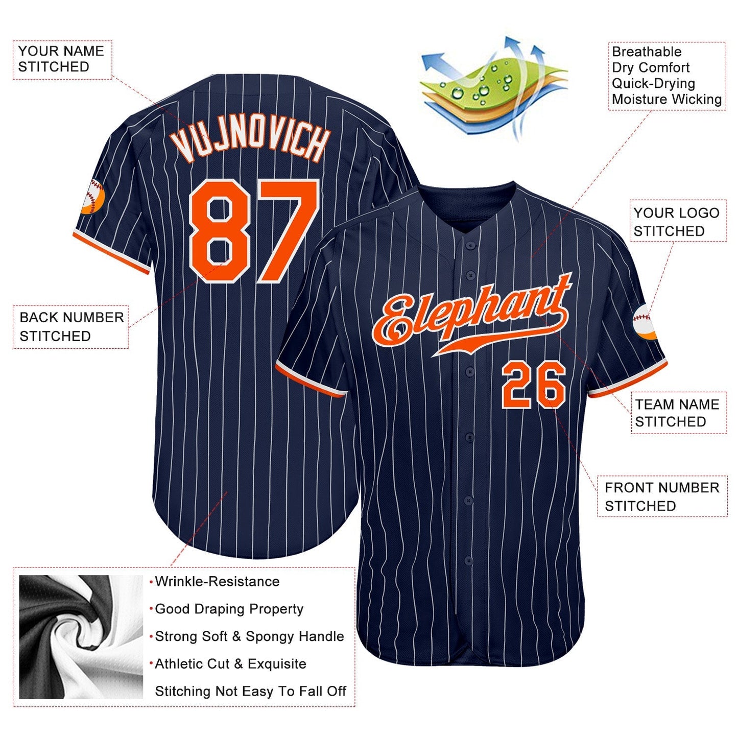 Custom Navy White Pinstripe Orange-White Authentic Baseball Jersey baseball jersey product view 3