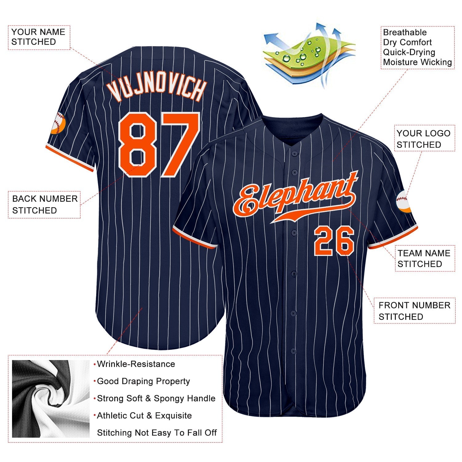 Custom Navy White Pinstripe Orange-White Authentic Baseball Jersey baseball jersey product view 3