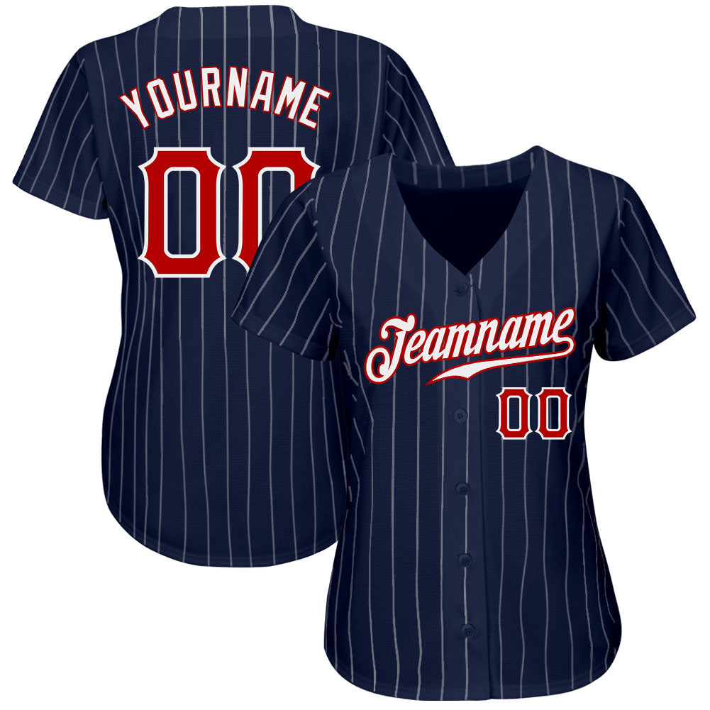 Custom Navy White Pinstripe Red-White Authentic Baseball Jersey baseball jersey product view 2