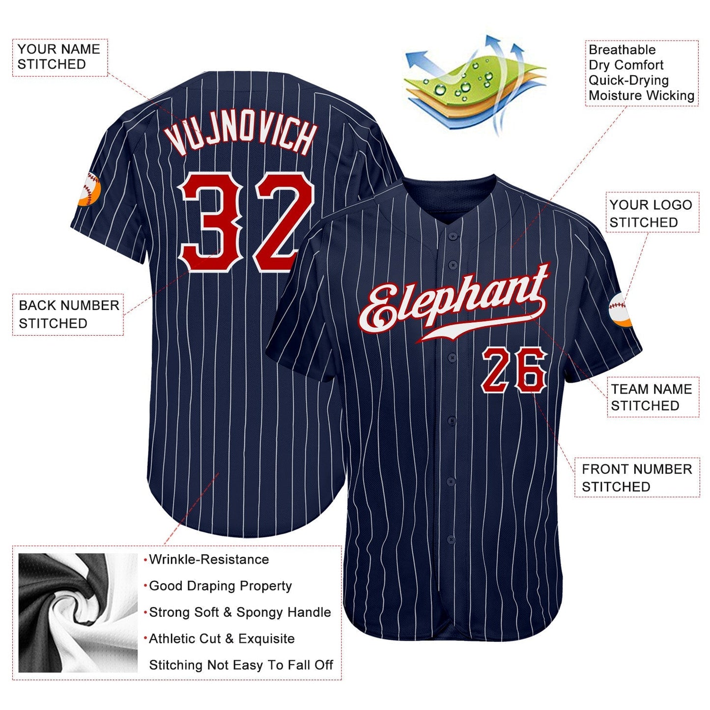 Custom Navy White Pinstripe Red-White Authentic Baseball Jersey baseball jersey product view 3