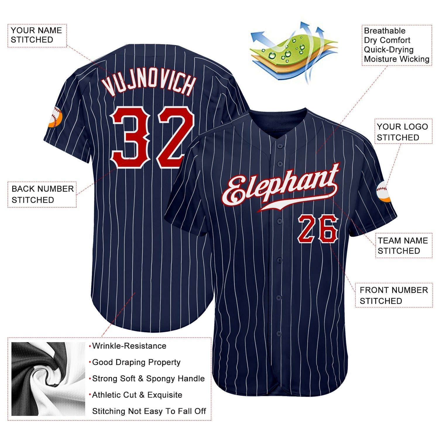 Custom Navy White Pinstripe Red-White Authentic Baseball Jersey baseball jersey product view 3