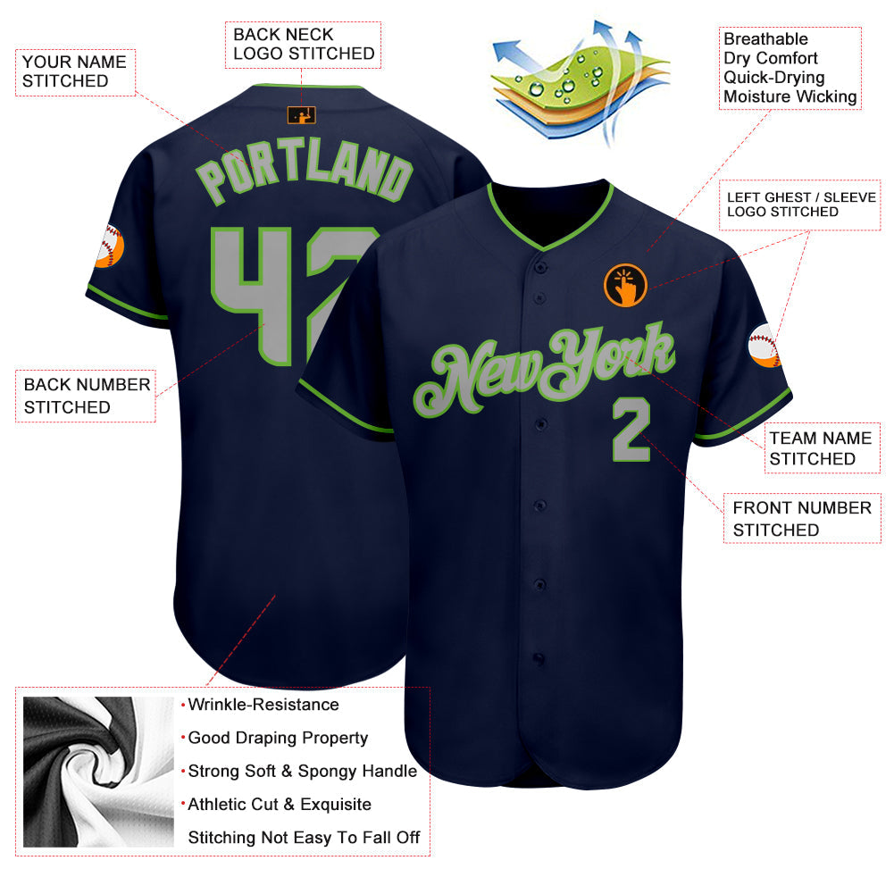 Custom Navy Gray-Neon Green Authentic Baseball Jersey Jersey baseball jersey product view 3