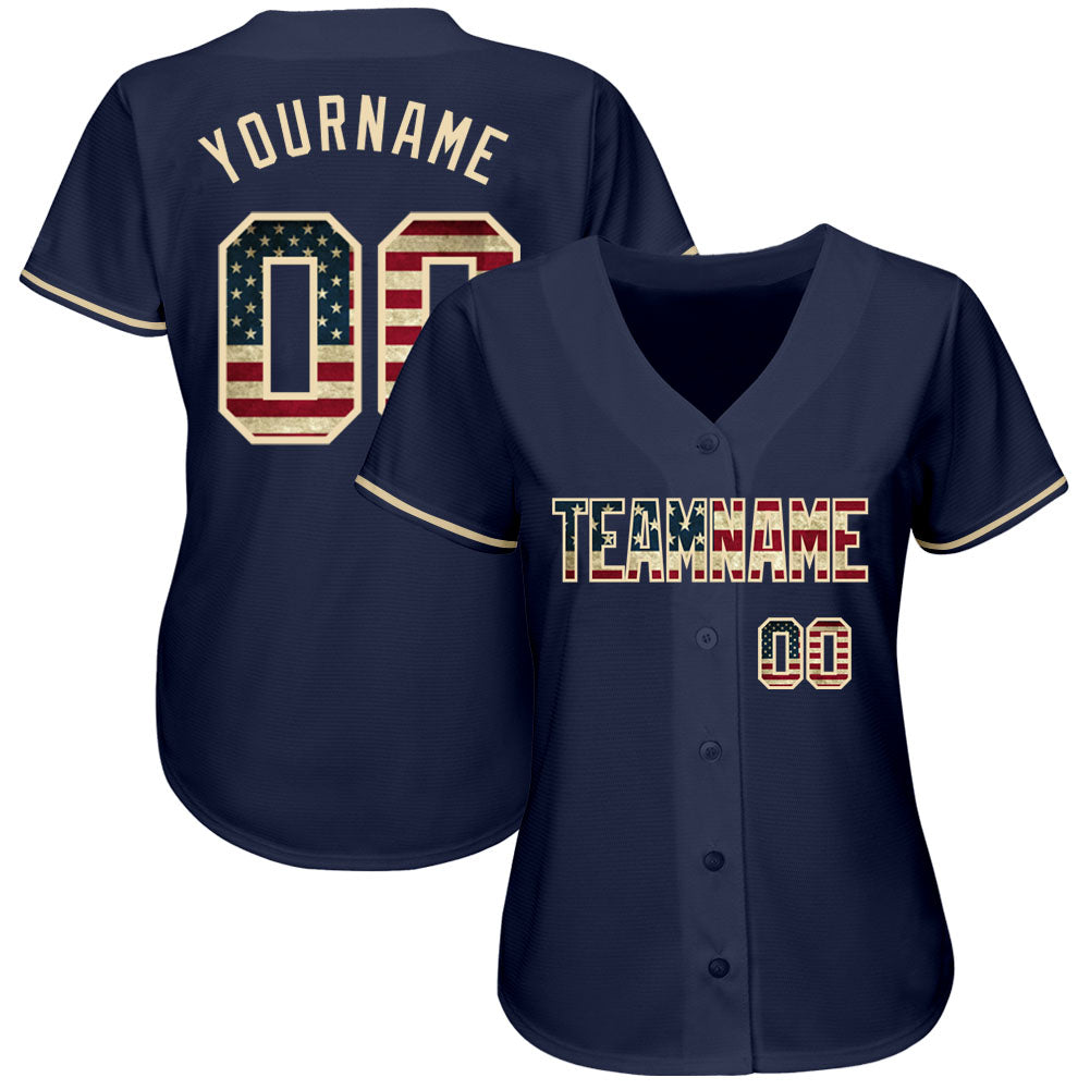 Custom Navy Vintage USA Flag-Cream Authentic Baseball Jersey baseball jersey product view 2