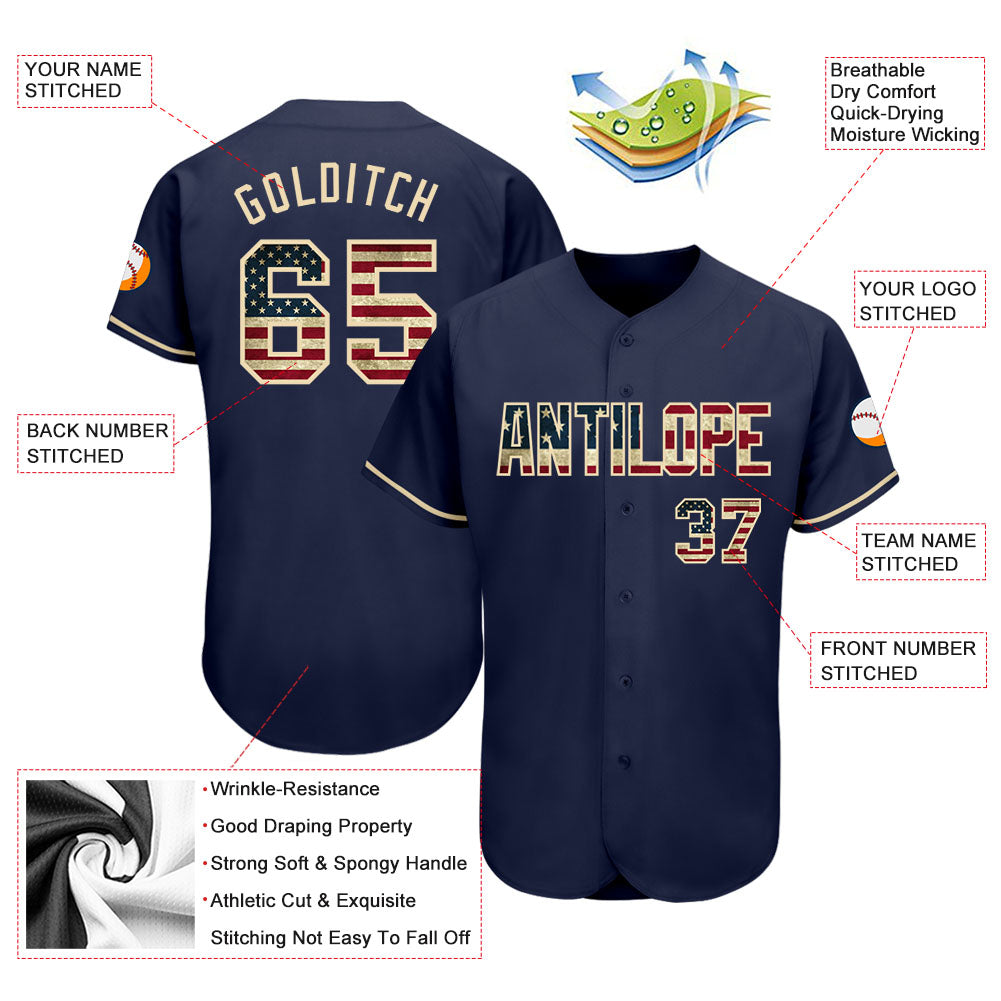 Custom Navy Vintage USA Flag-Cream Authentic Baseball Jersey baseball jersey product view 3