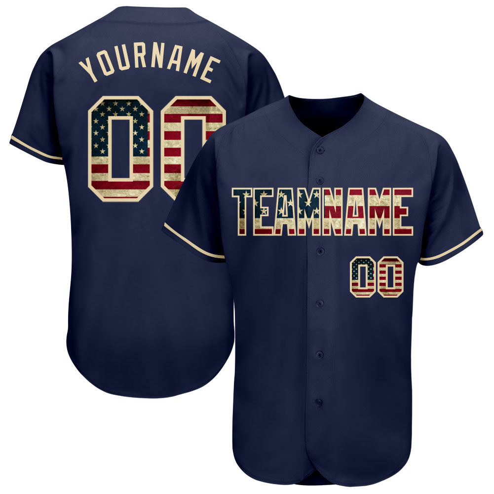 Custom Navy Vintage USA Flag-Cream Authentic Baseball Jersey baseball jersey product view 1