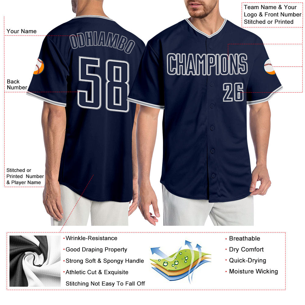 Custom Navy Navy-Gray Authentic Baseball Jersey baseball jersey product view 3