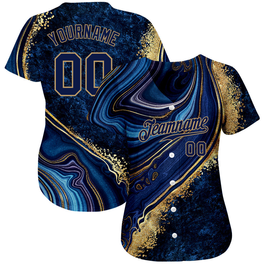 Custom Navy Navy-Old Gold 3D Pattern Design Marble Authentic Baseball Jersey baseball jersey product view 2