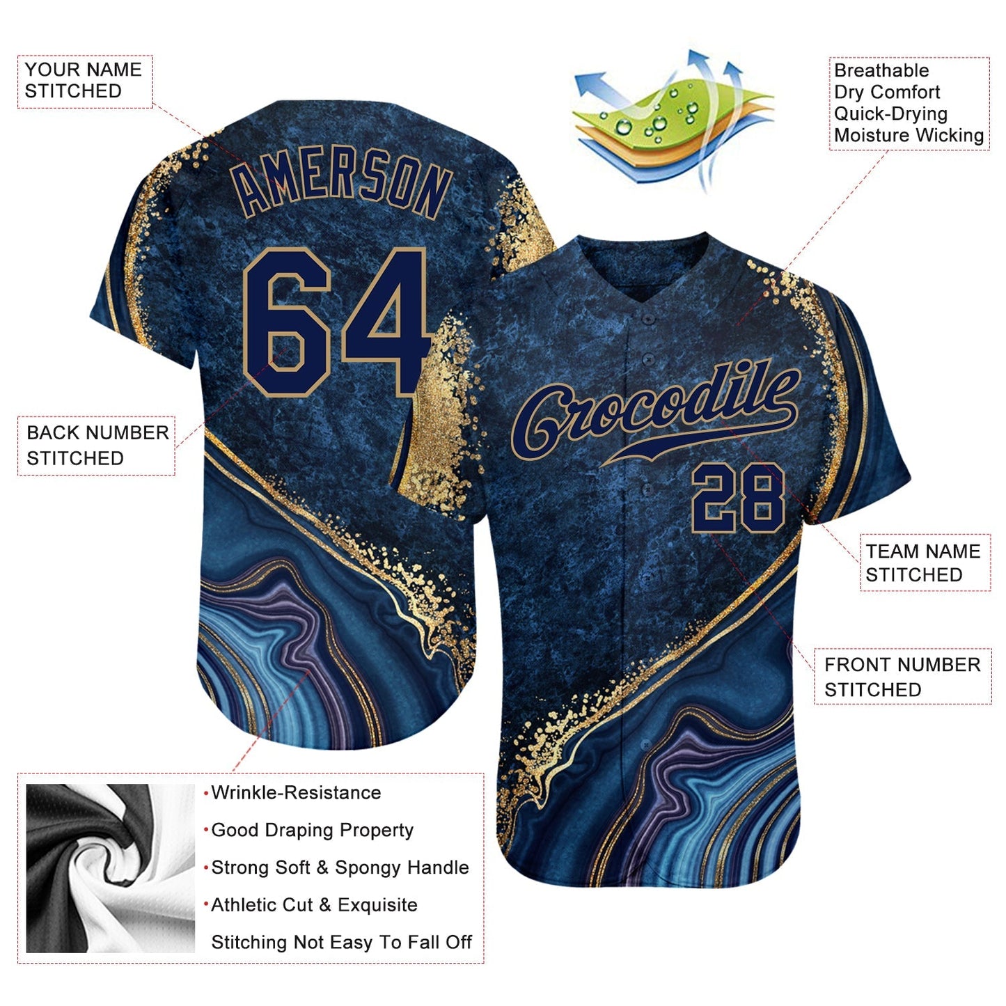 Custom Navy Navy-Old Gold 3D Pattern Design Marble Authentic Baseball Jersey baseball jersey product view 3