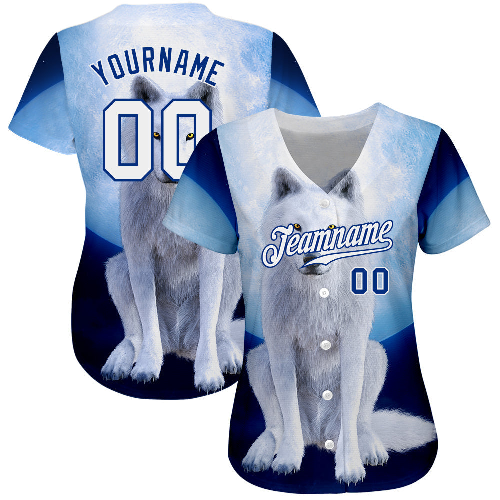 Custom Navy White-Royal 3D Pattern Design Wolf Authentic Baseball Jersey baseball jersey product view 2