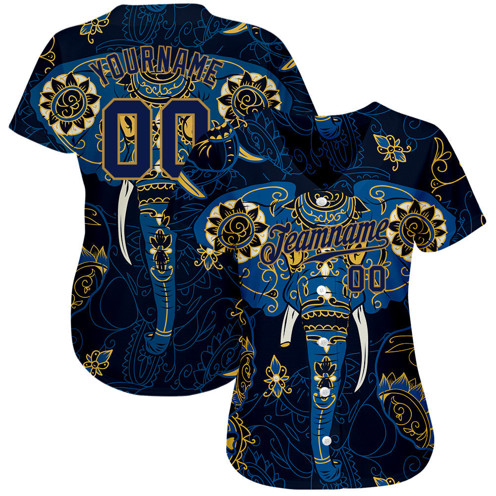 Custom Navy Navy-Old Gold 3D Pattern Design Elephant Authentic Baseball Jersey baseball jersey product view 2