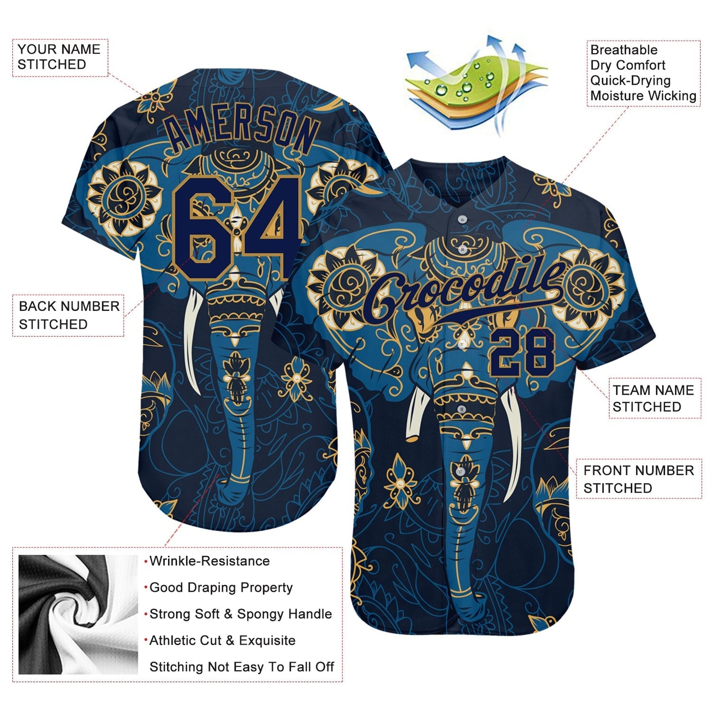 Custom Navy Navy-Old Gold 3D Pattern Design Elephant Authentic Baseball Jersey baseball jersey product view 3