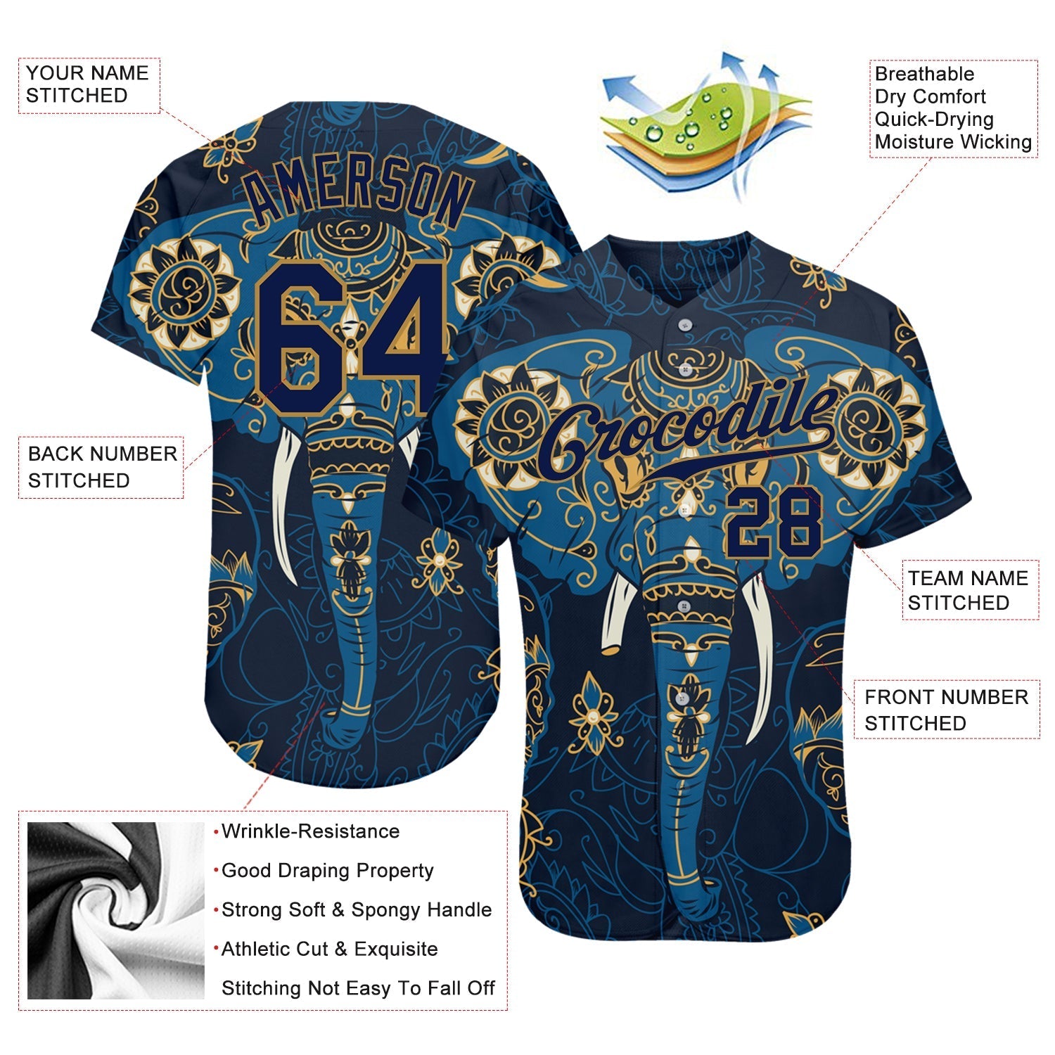 Custom Navy Navy-Old Gold 3D Pattern Design Elephant Authentic Baseball Jersey baseball jersey product view 3