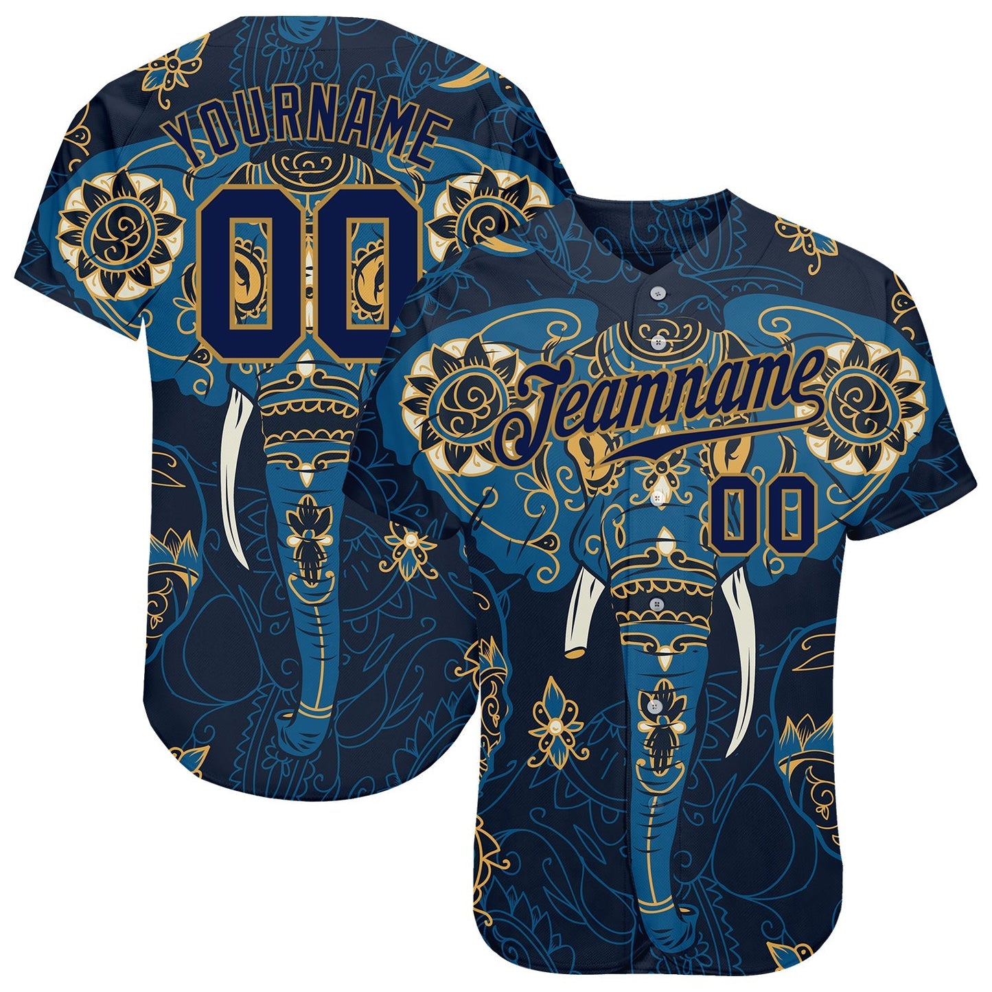 Custom Navy Navy-Old Gold 3D Pattern Design Elephant Authentic Baseball Jersey baseball jersey product view 1
