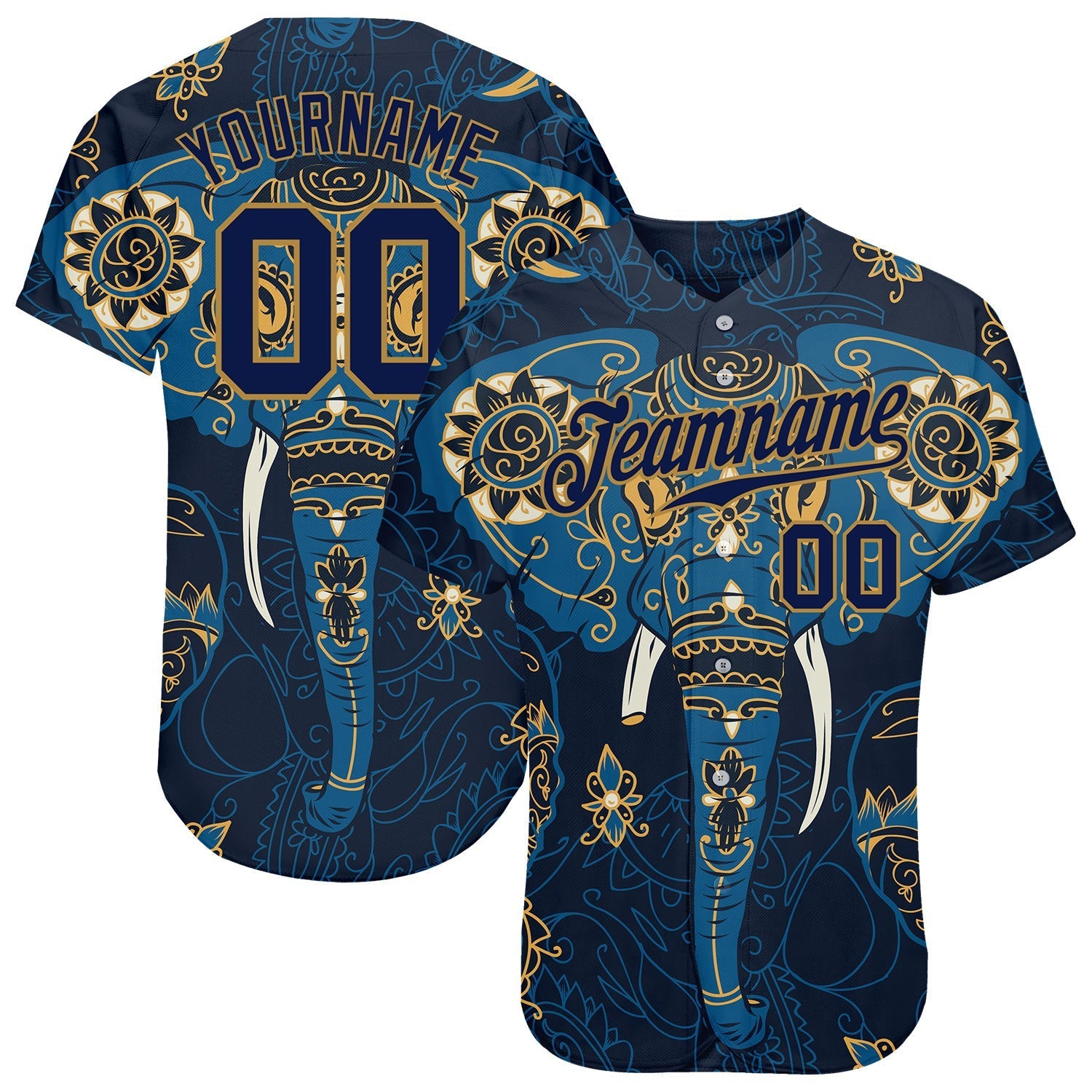 Custom Navy Navy-Old Gold 3D Pattern Design Elephant Authentic Baseball Jersey baseball jersey product view 1