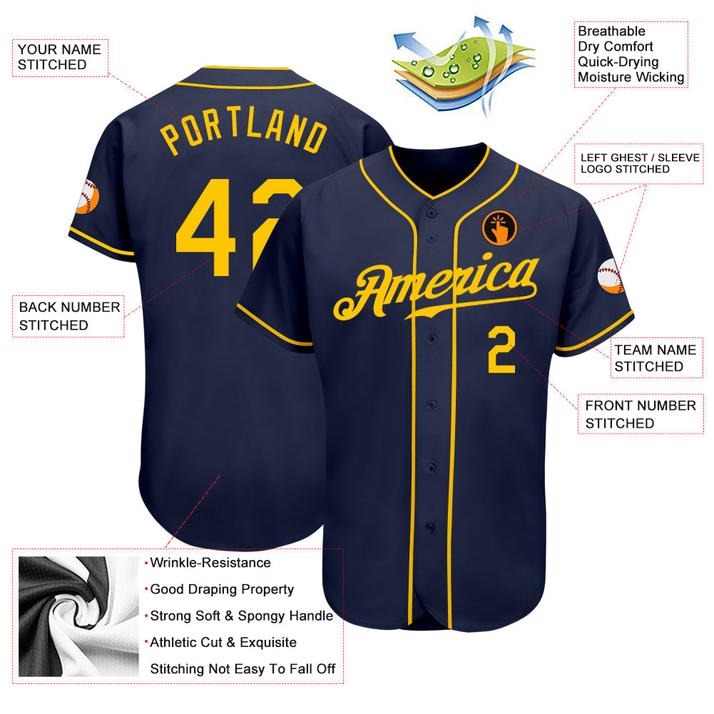 Custom Navy Gold Authentic Baseball Jersey baseball jersey product view 2