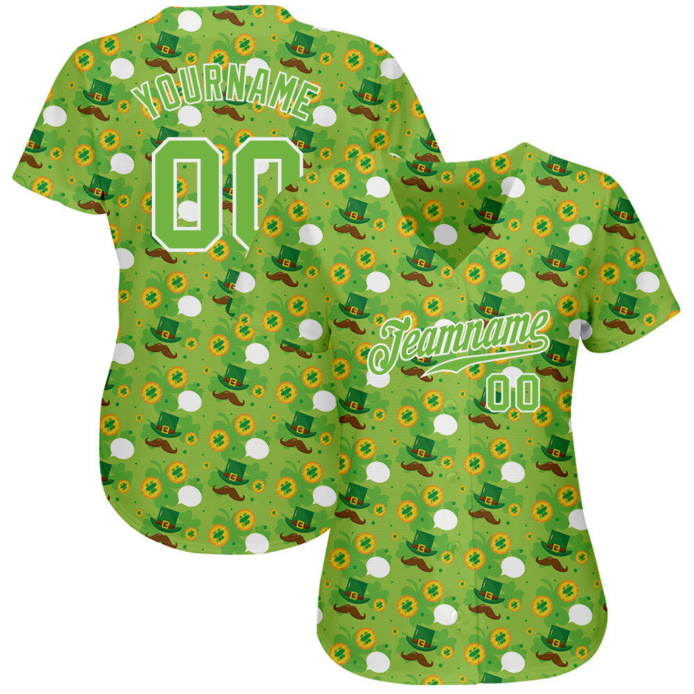 Custom Neon Green Brown-Gold 3D Pattern Design Authentic St. Patrick's Day Baseball Jersey baseball jersey product view 2