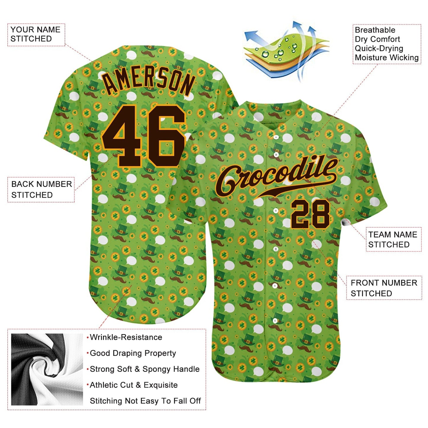 Custom Neon Green Brown-Gold 3D Pattern Design Authentic St. Patrick's Day Baseball Jersey baseball jersey product view 3