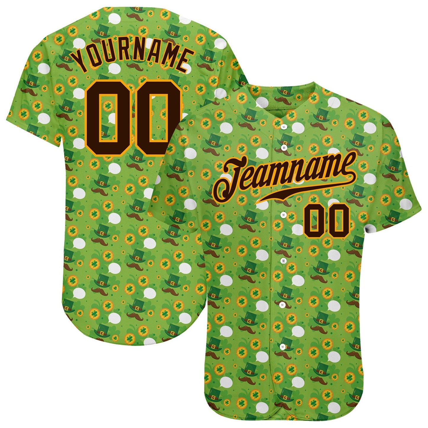 Custom Neon Green Brown-Gold 3D Pattern Design Authentic St. Patrick's Day Baseball Jersey baseball jersey product view 1
