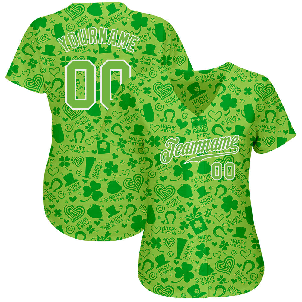 Custom Neon Green Neon Green-White 3D Pattern Design Authentic St. Patrick's Day Baseball Jersey baseball jersey product view 2