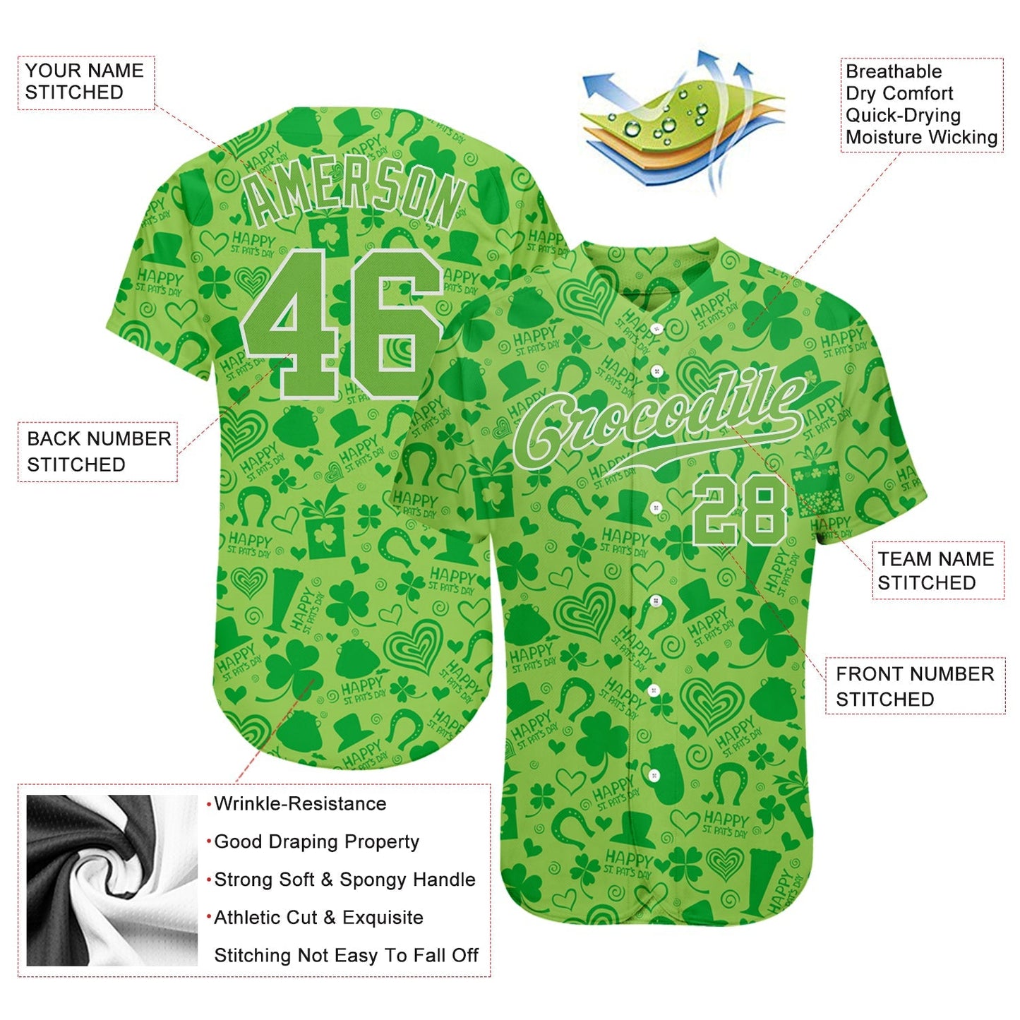 Custom Neon Green Neon Green-White 3D Pattern Design Authentic St. Patrick's Day Baseball Jersey baseball jersey product view 3