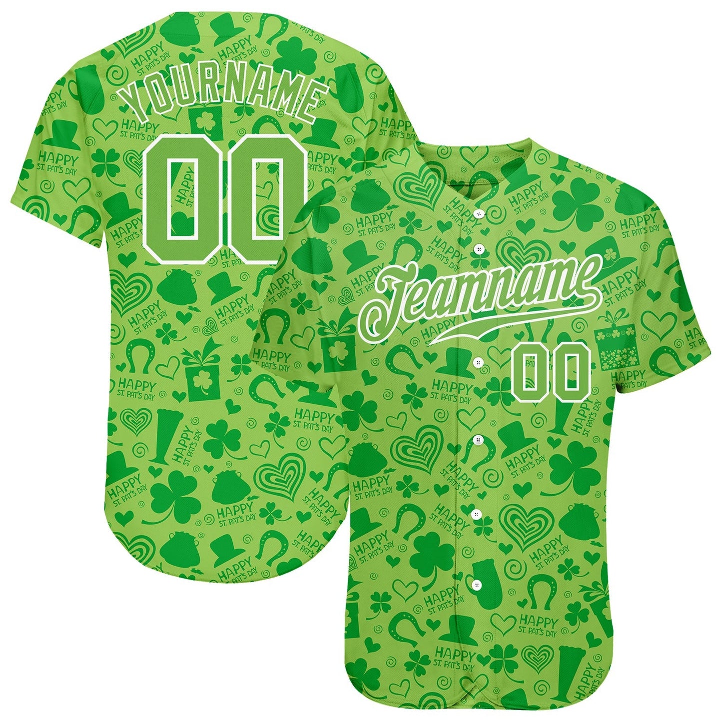 Custom Neon Green Neon Green-White 3D Pattern Design Authentic St. Patrick's Day Baseball Jersey baseball jersey product view 1