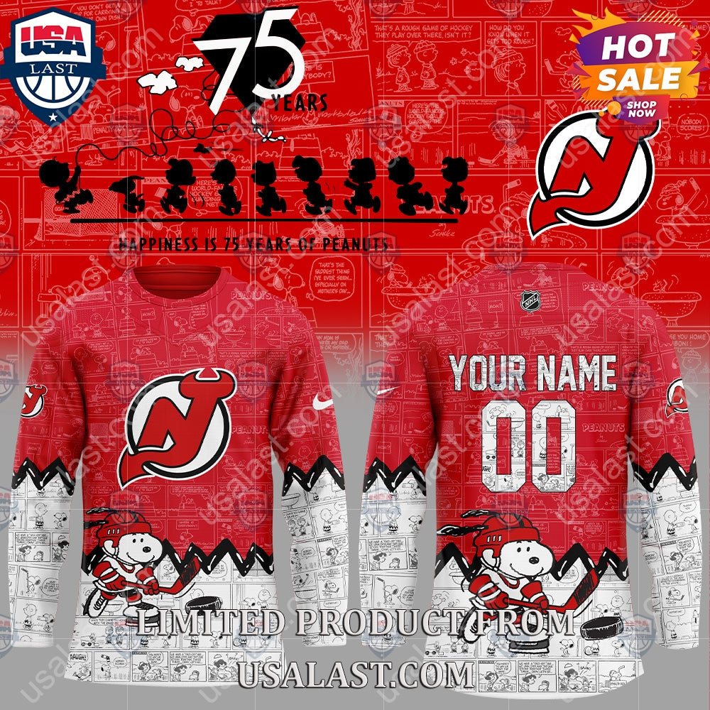 New Jersey Devils NHL Happiness Is 75th Anniversary of Peanuts Hoodie hockey jersey product view 1