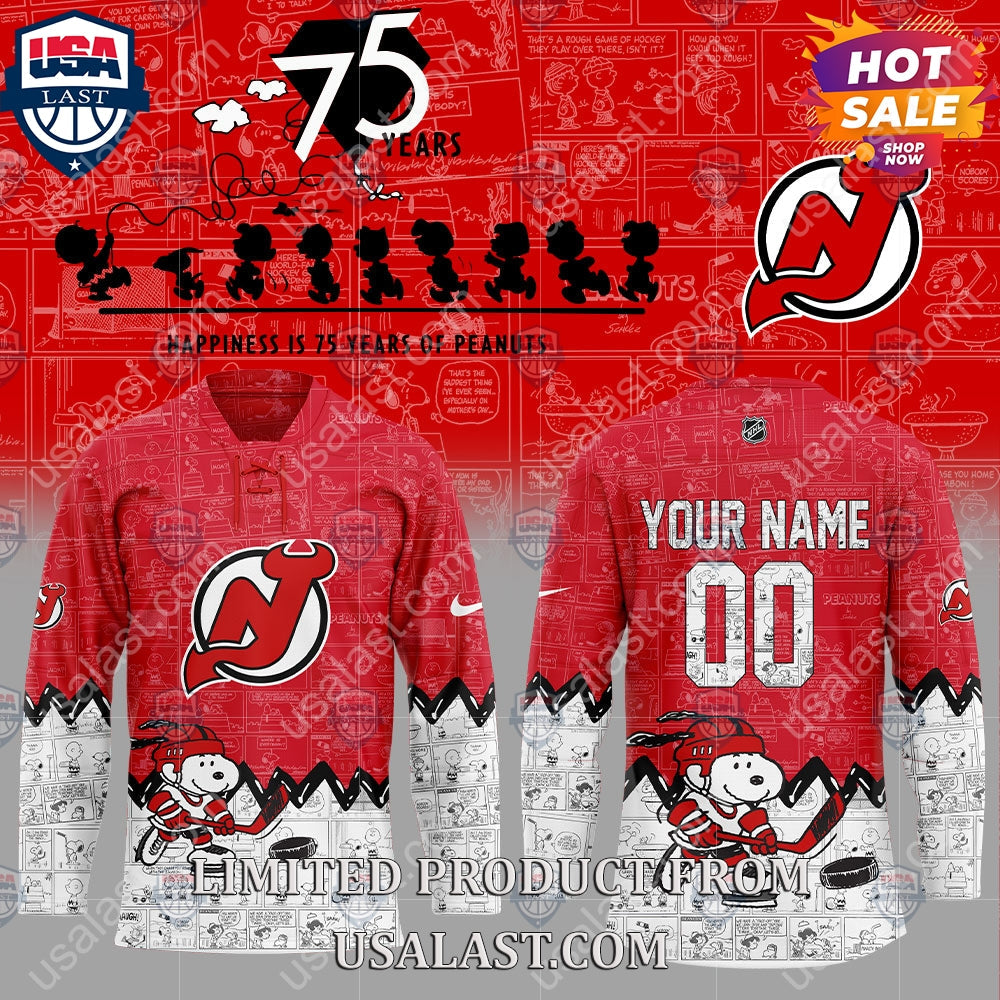 New Jersey Devils NHL Happiness Is 75th Anniversary of Peanuts Hoodie hockey jersey product view 2